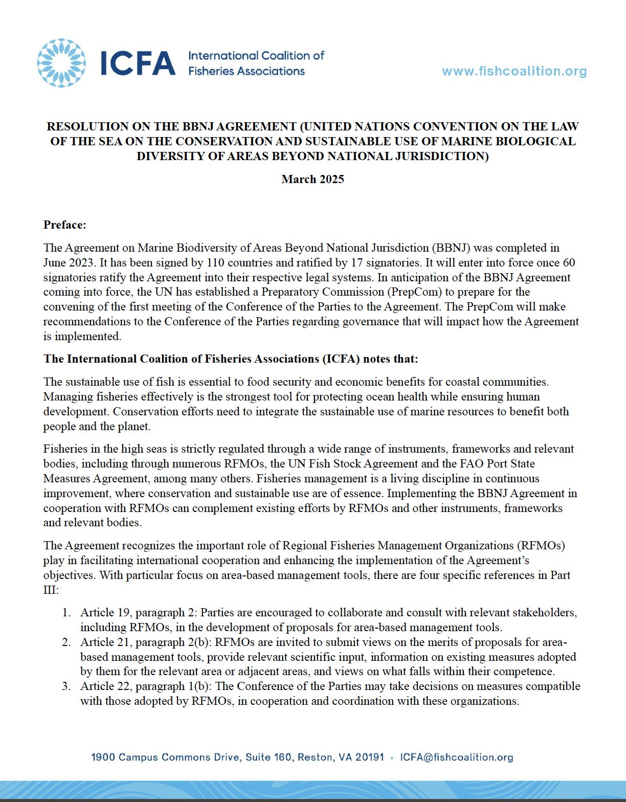 RESOLUTION ON THE BBNJ AGREEMENT (UNITED NATIONS CONVENTION ON THE LAW OF THE SEA ON THE CONSERVATION AND SUSTAINABLE USE OF MARINE BIOLOGICAL DIVERSITY OF AREAS BEYOND NATIONAL JURISDICTION) 